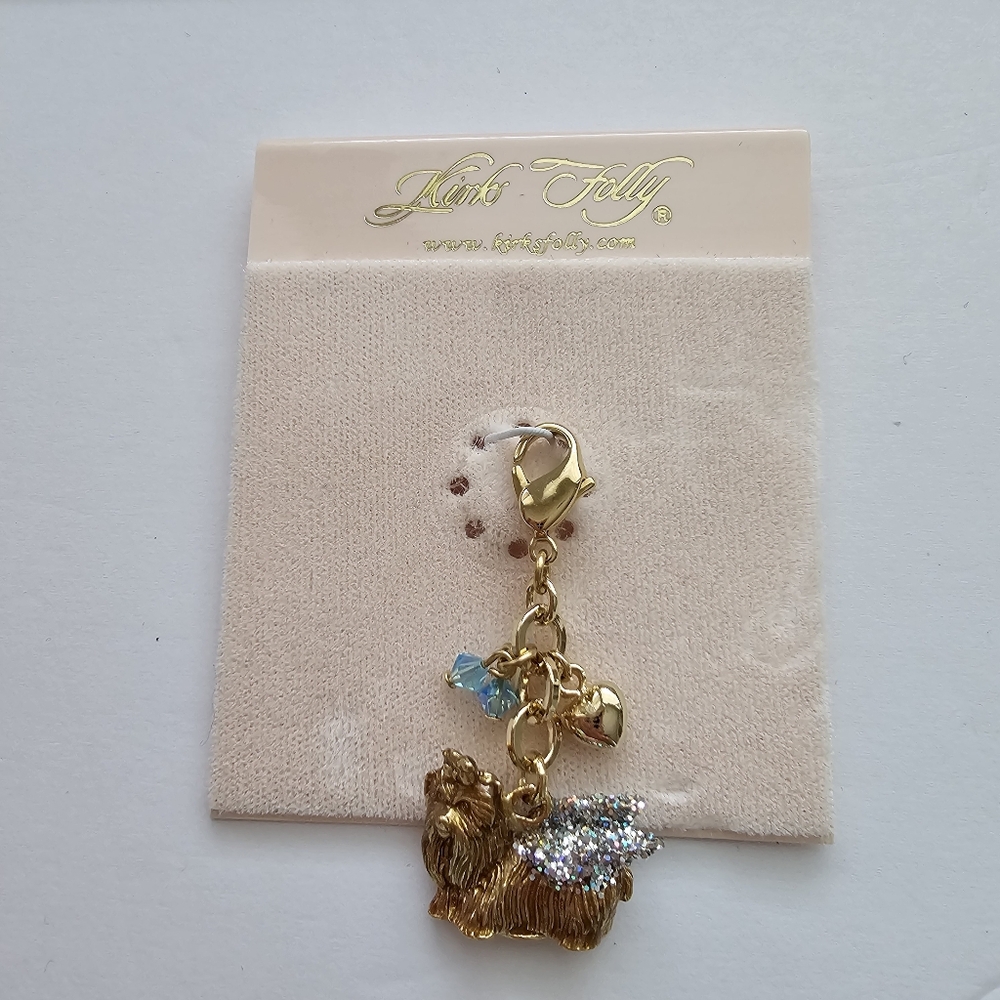 Kirks Folly Yorkie Angel Dog Charm Gold Tone Swarovski Crystal Wings NWT Vintage
